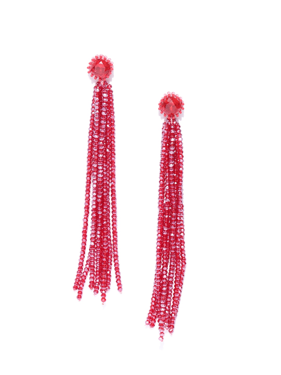 

Jewels Galaxy Red Beaded & Tasselled Handcrafted Contemporary Drop Earrings