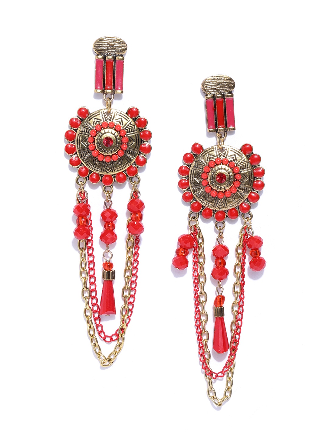 

Jewels Galaxy Red Antique Gold-Plated Beaded Handcrafted Drop Earrings