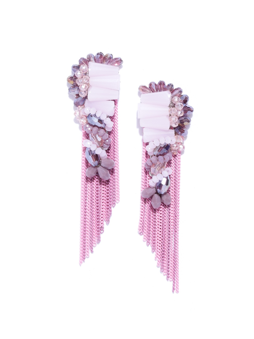

Jewels Galaxy Pink & Mauve Beaded Tasselled Handcrafted Drop Earrings