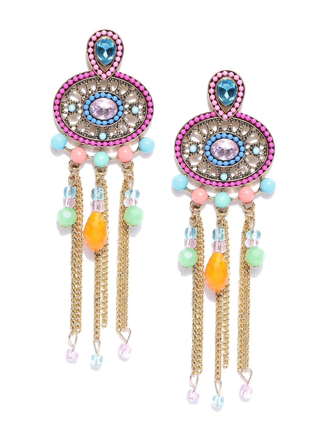 

Jewels Galaxy Pink & Blue Antique Gold-Plated Beaded Handcrafted Drop Earrings