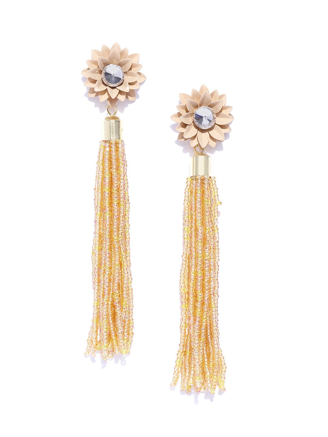 

Jewels Galaxy Beige & Yellow Gold-Plated Beaded Tasselled Handcrafted Floral Drop Earrings