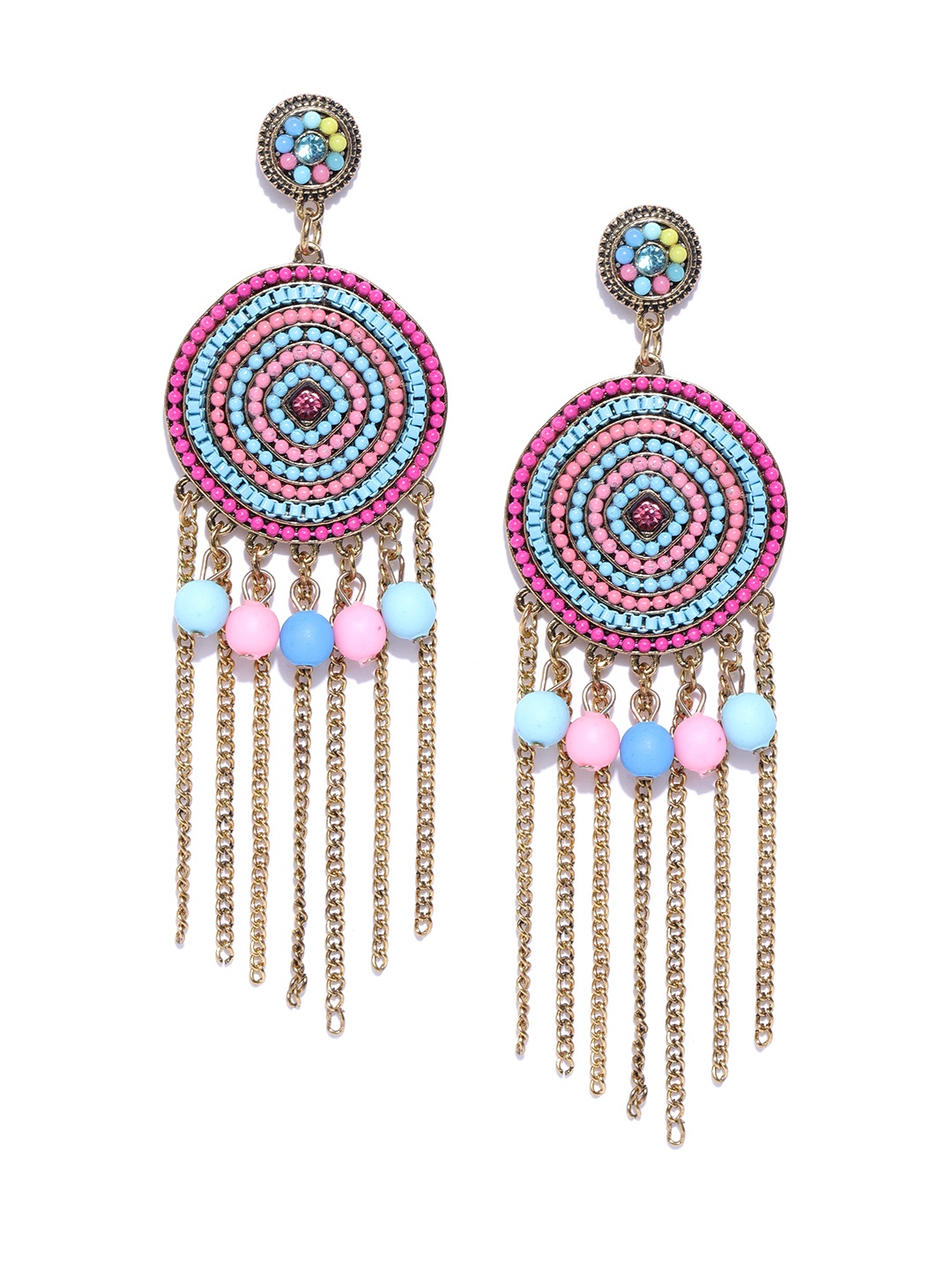 

Jewels Galaxy Pink & Blue Gold-Plated Beaded Handcrafted Circular Drop Earrings