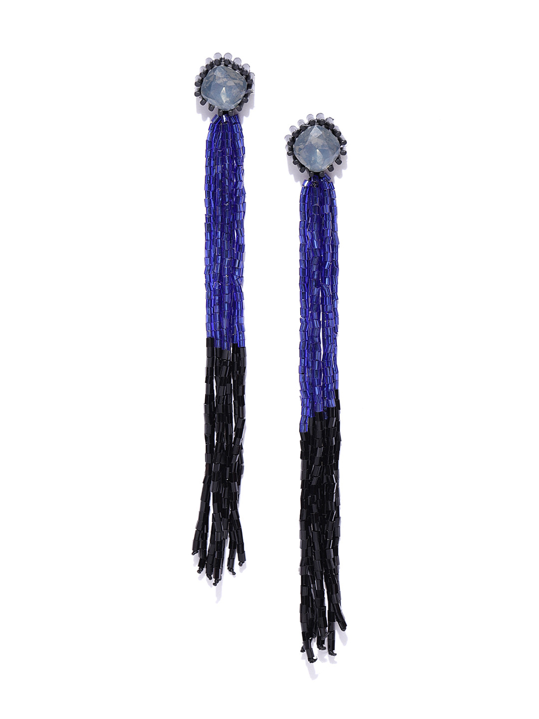 

Jewels Galaxy Blue & Black Beaded & Tasselled Handcrafted Contemporary Drop Earrings