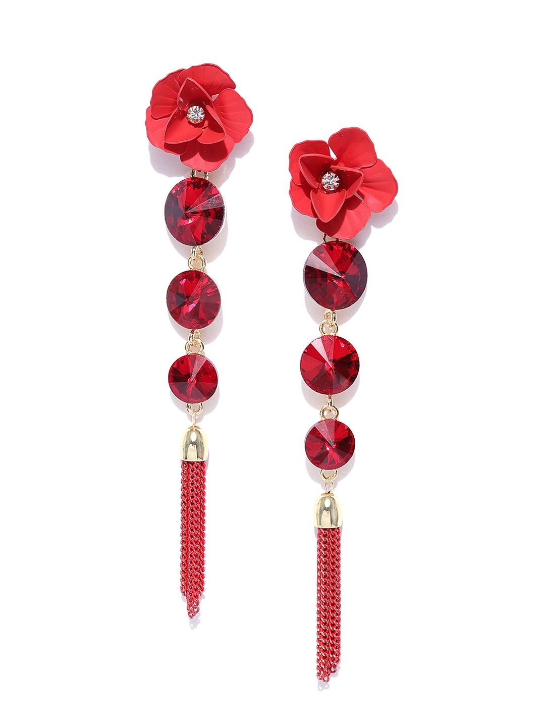 

Jewels Galaxy Red Gold-Plated Stone-Studded Handcrafted Floral Drop Earrings