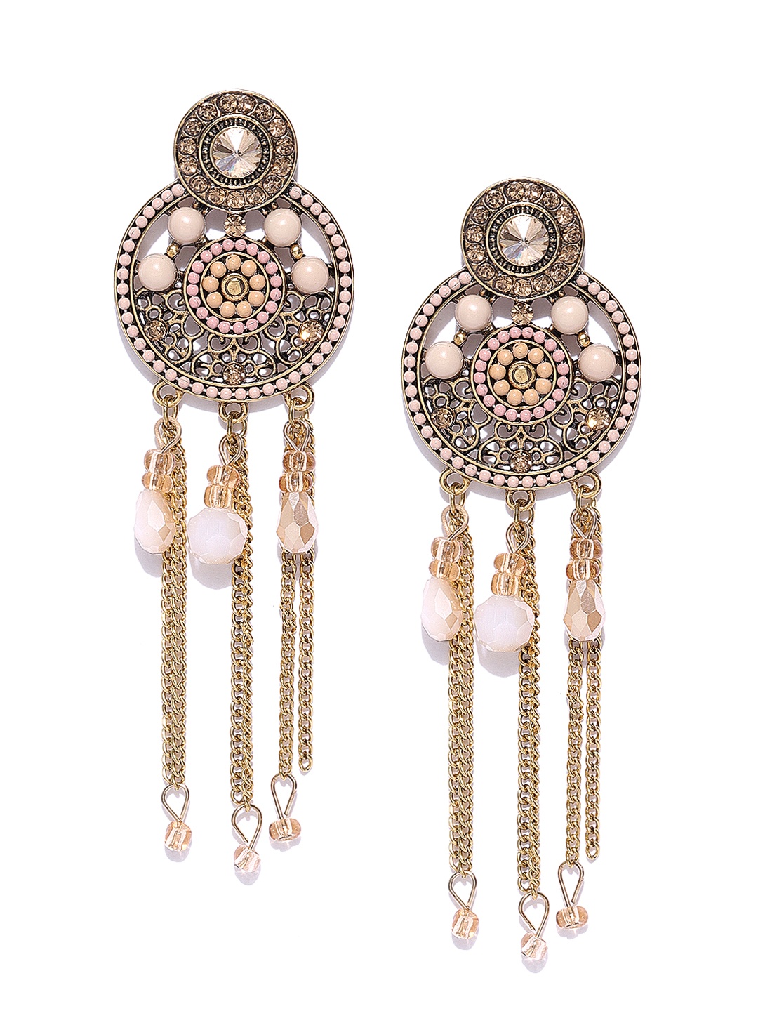 

Jewels Galaxy Peach-Coloured Antique Gold-Plated Beaded Handcrafted Circular Drop Earrings