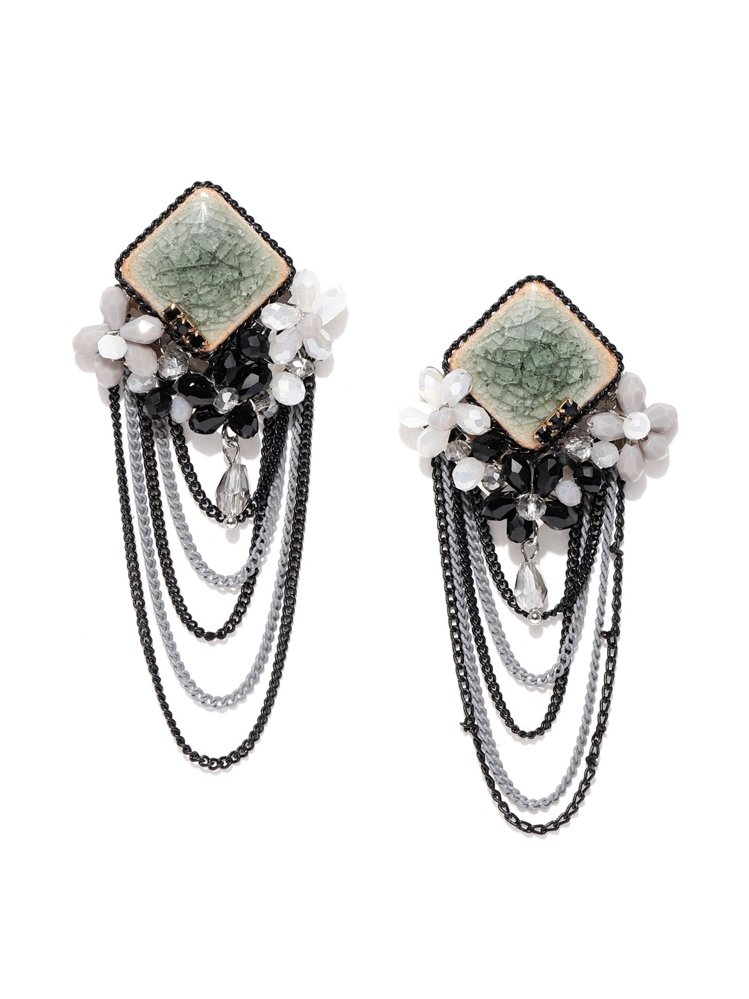 

Jewels Galaxy Black & Silver-Toned Handcrafted Tasseled Contemporary Drop Earrings