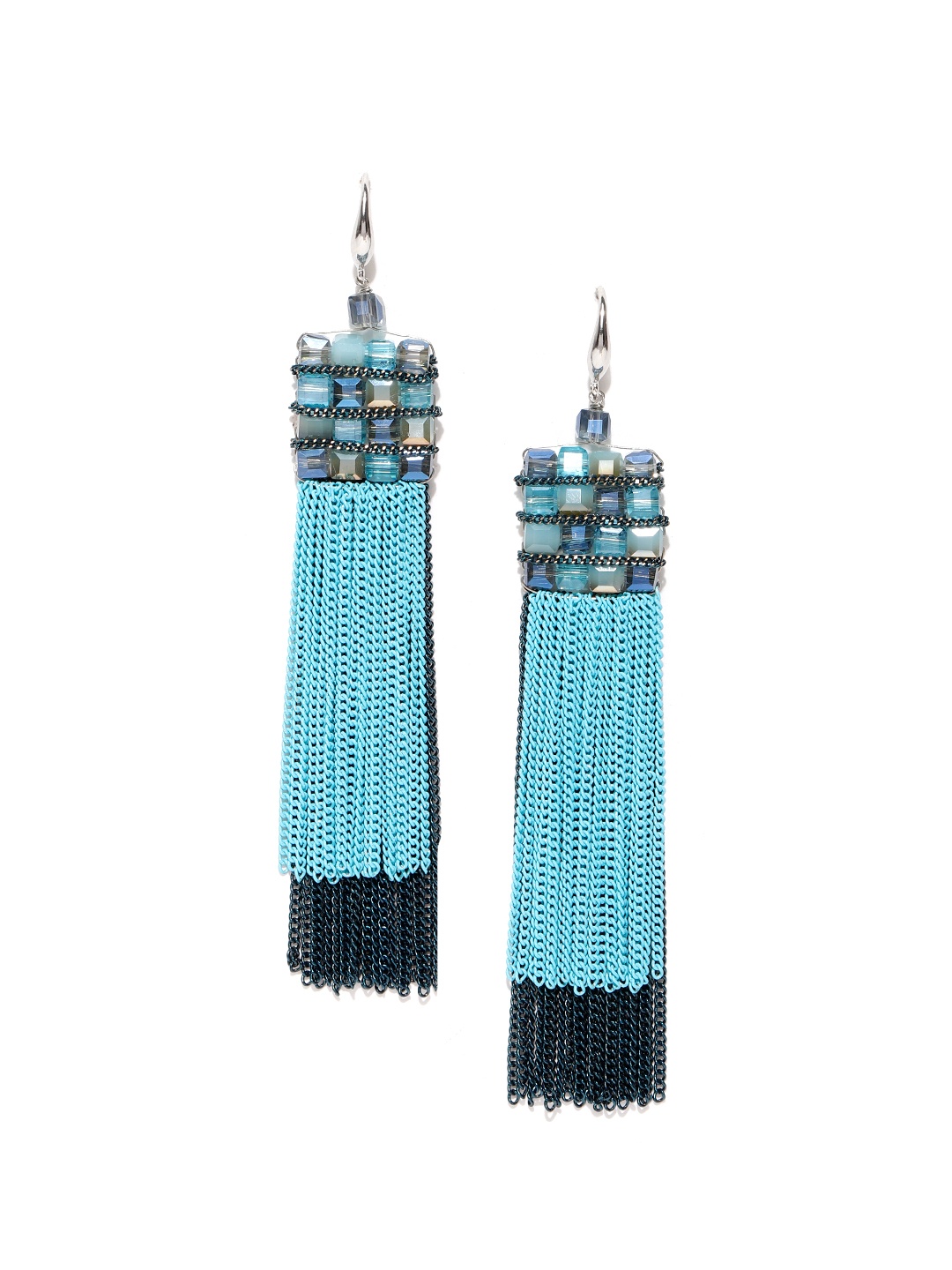 

Jewels Galaxy Blue Silver-Plated Beaded & Tasselled Handcrafted Contemporary Drop Earrings