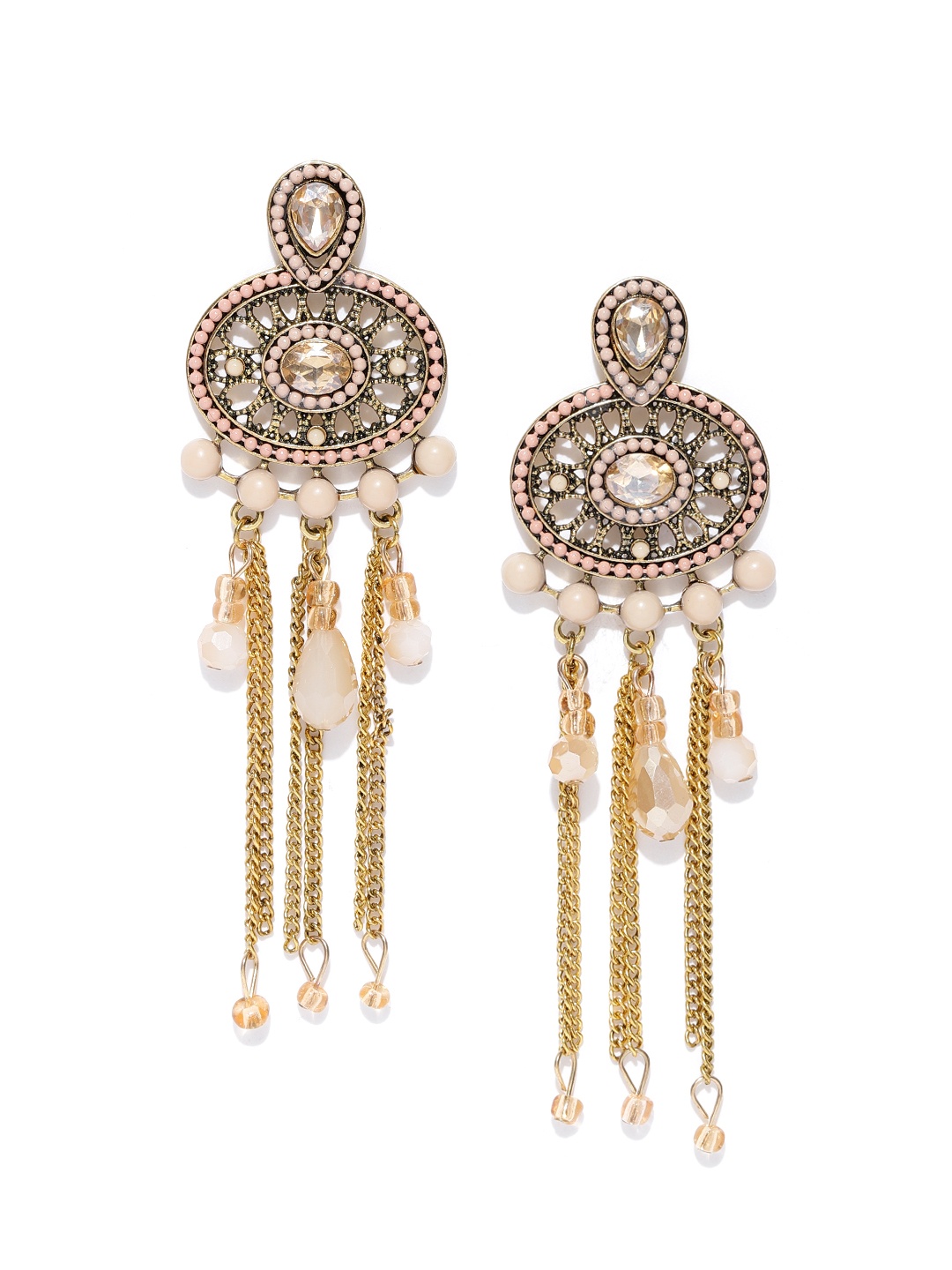 

Jewels Galaxy Peach-Coloured Antique Gold-Plated Beaded Handcrafted Drop Earrings