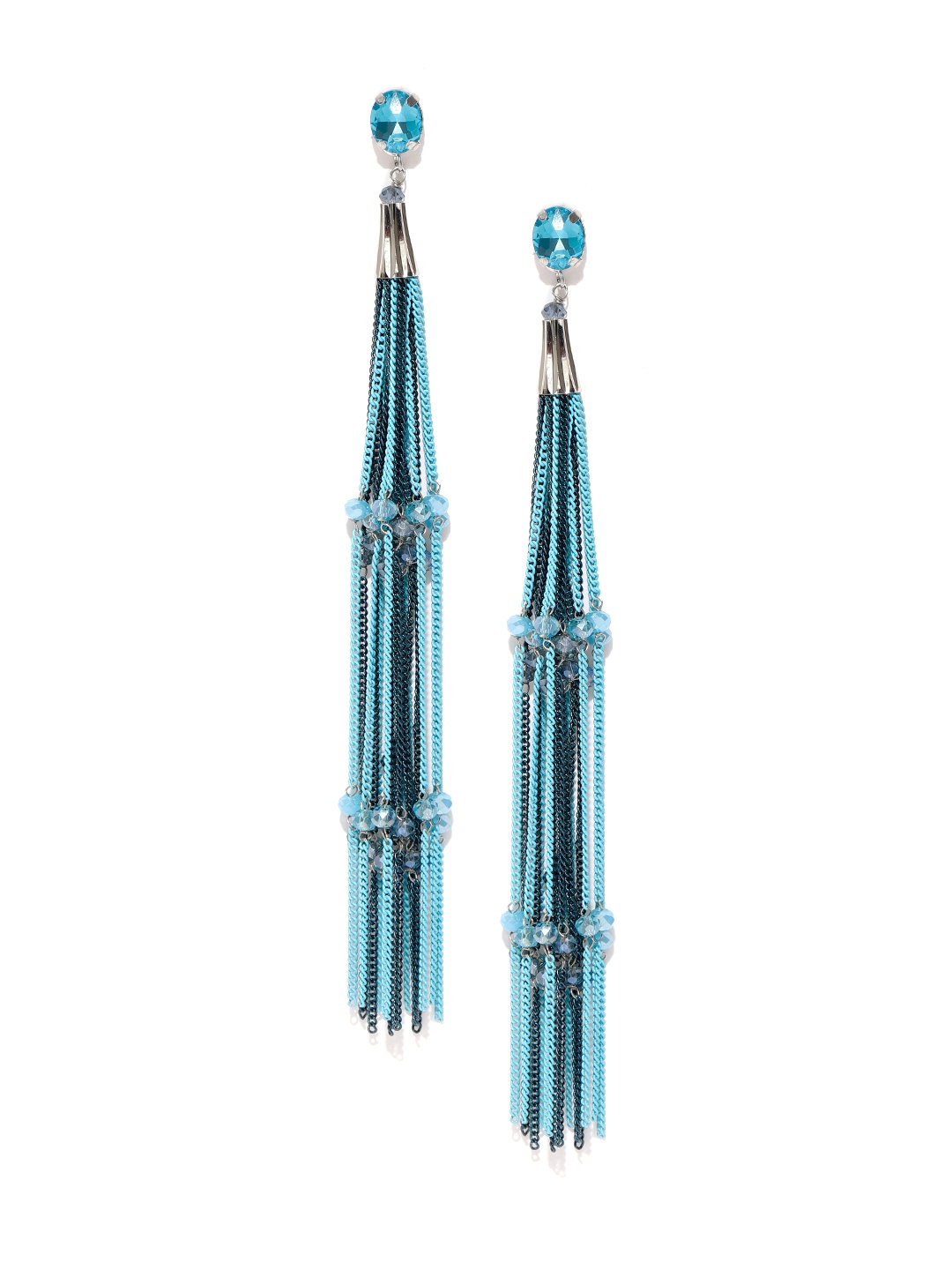 

Jewels Galaxy Blue Silver-Plated Tasselled Handcrafted Contemporary Drop Earrings