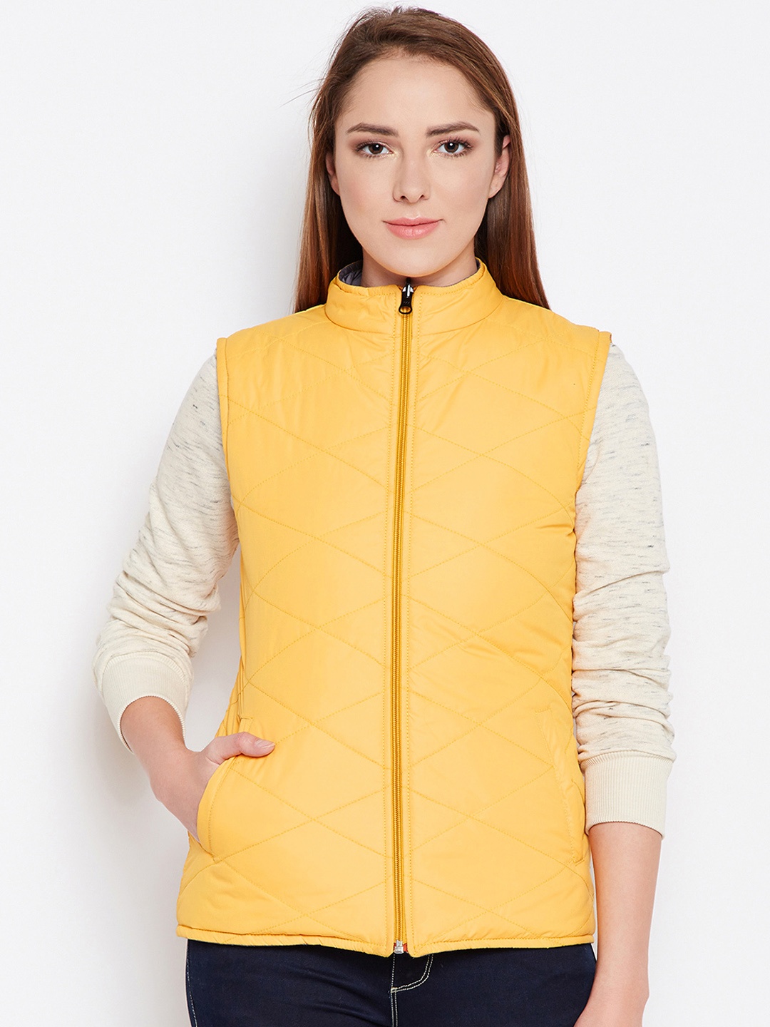 

Alsace Lorraine Paris Women Mustard Yellow Solid Reversible Quilted Jacket