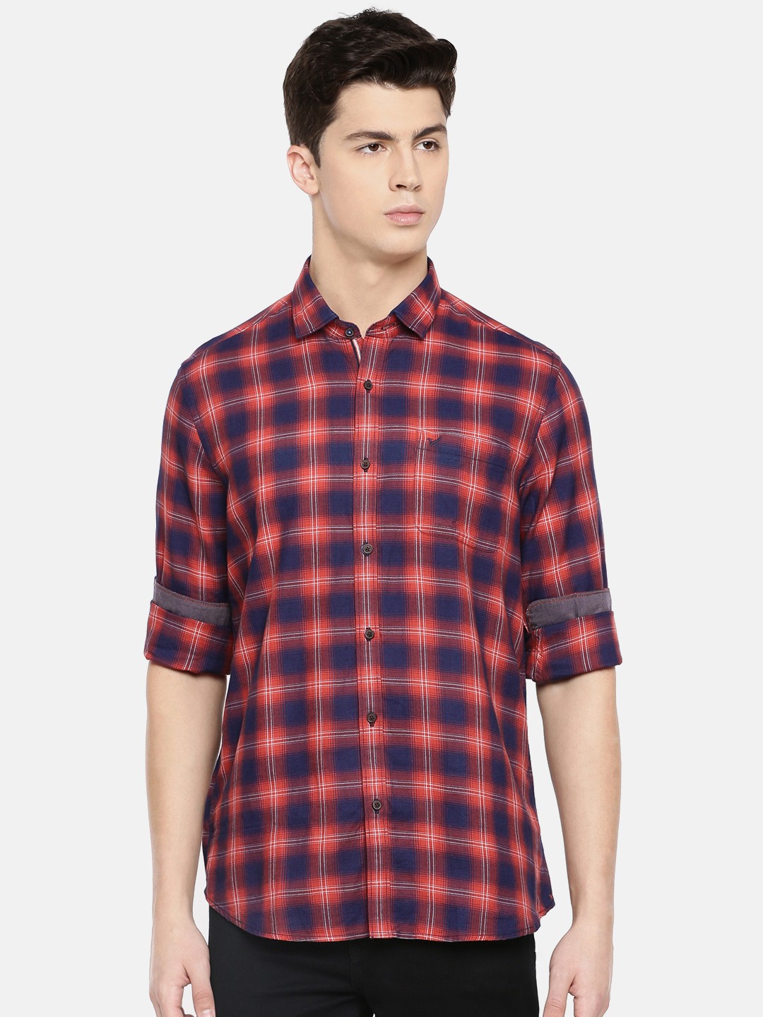 

Blackberrys Men Red & Navy Blue Slim Fit Checked Casual Shirt