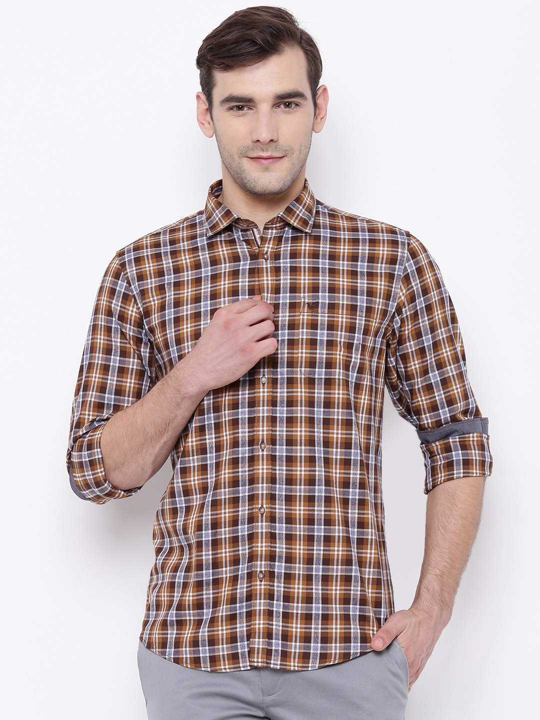 

Blackberrys Men Mustard Yellow & White Slim Fit Checked Casual Shirt