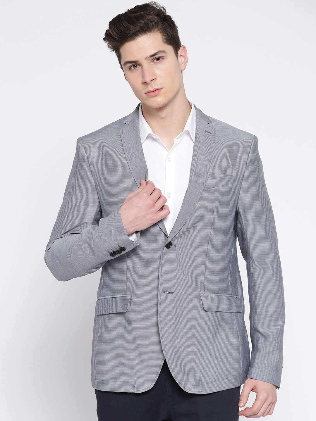 

Blackberrys Men Grey Striped Single-Breasted Slim Fit Smart Casual Blazer