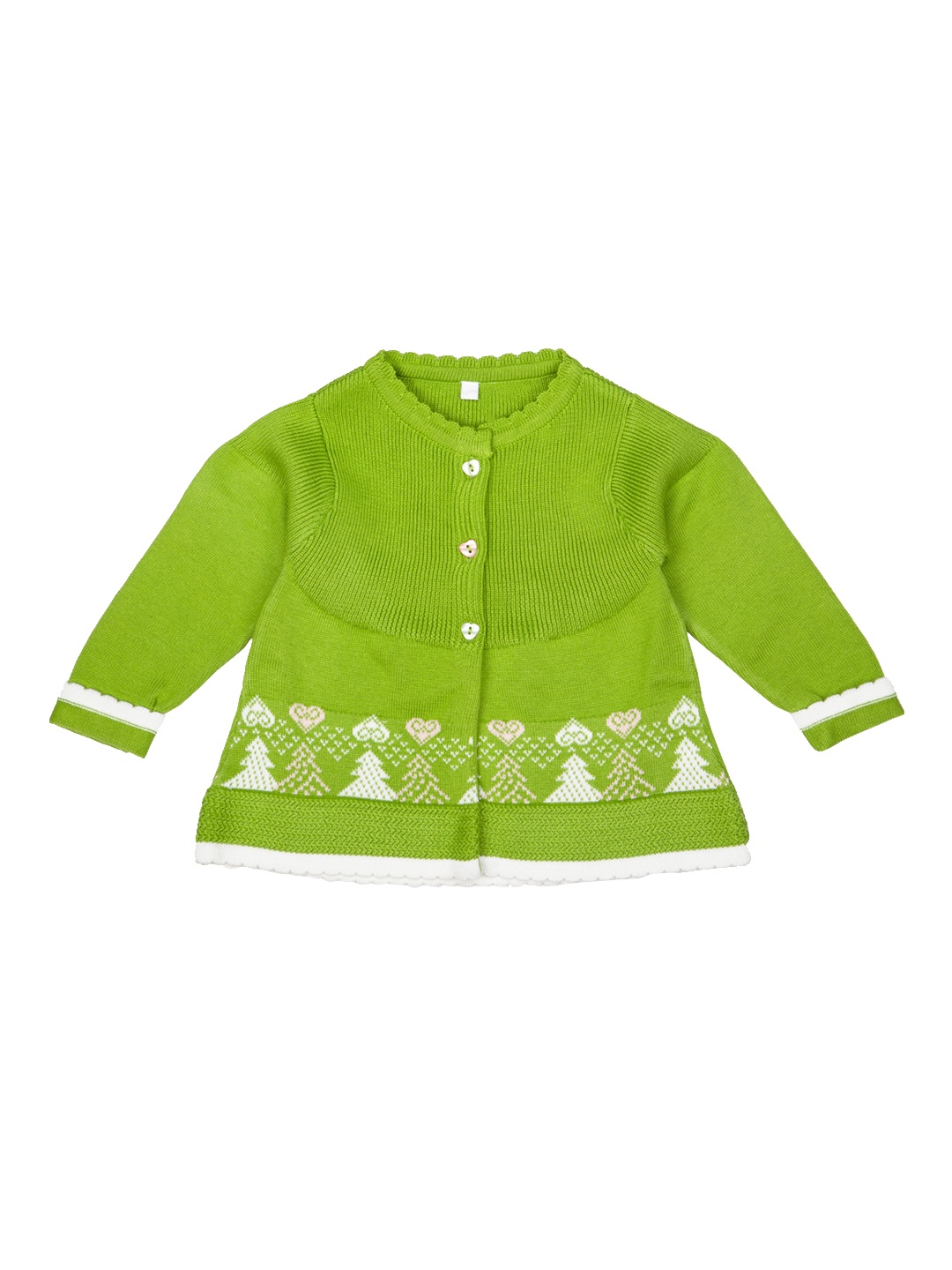 

MeeMee Girls Green Self Design Front-Open Woolen Sweater