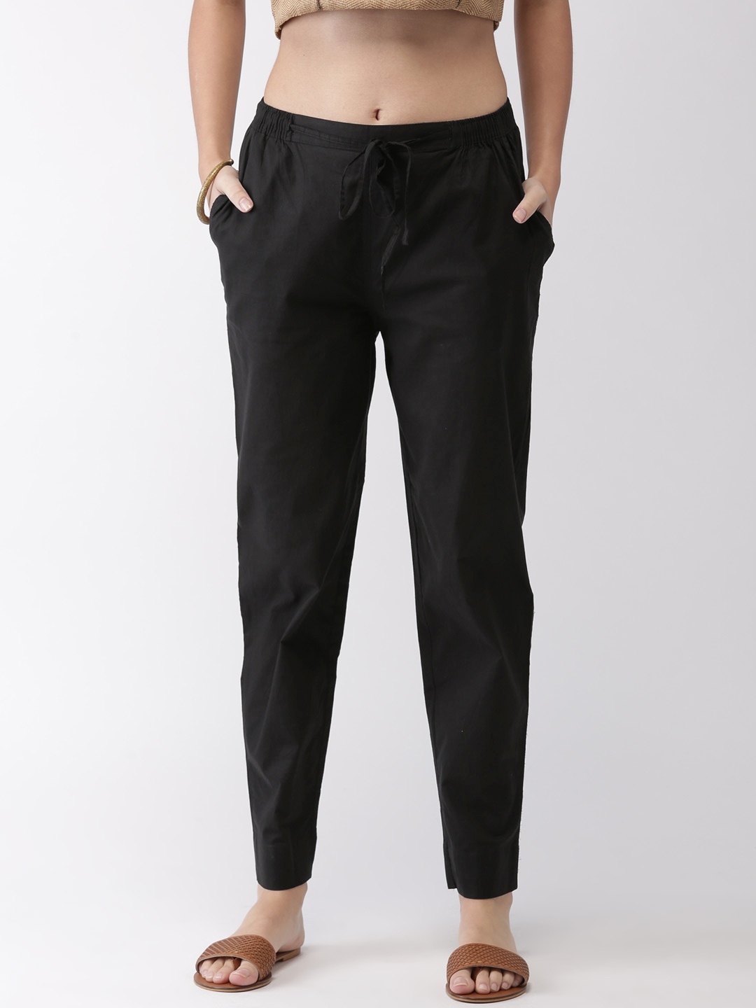 

Go Colors Women Black Regular Fit Solid Cropped Cotton Trousers