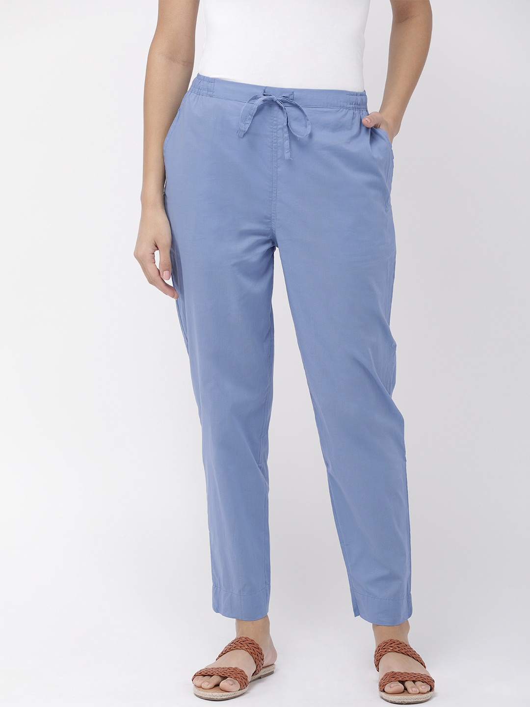 Go Colors Women Blue Regular Fit Solid Cropped Cotton Trousers