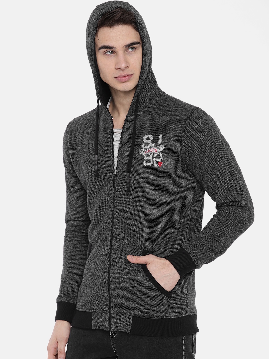 

SPYKAR Men Grey Melange Solid Hooded Sweatshirt
