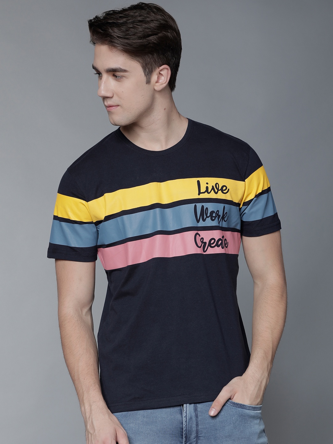 

LOCOMOTIVE Men Navy Blue Striped Round Neck T-shirt