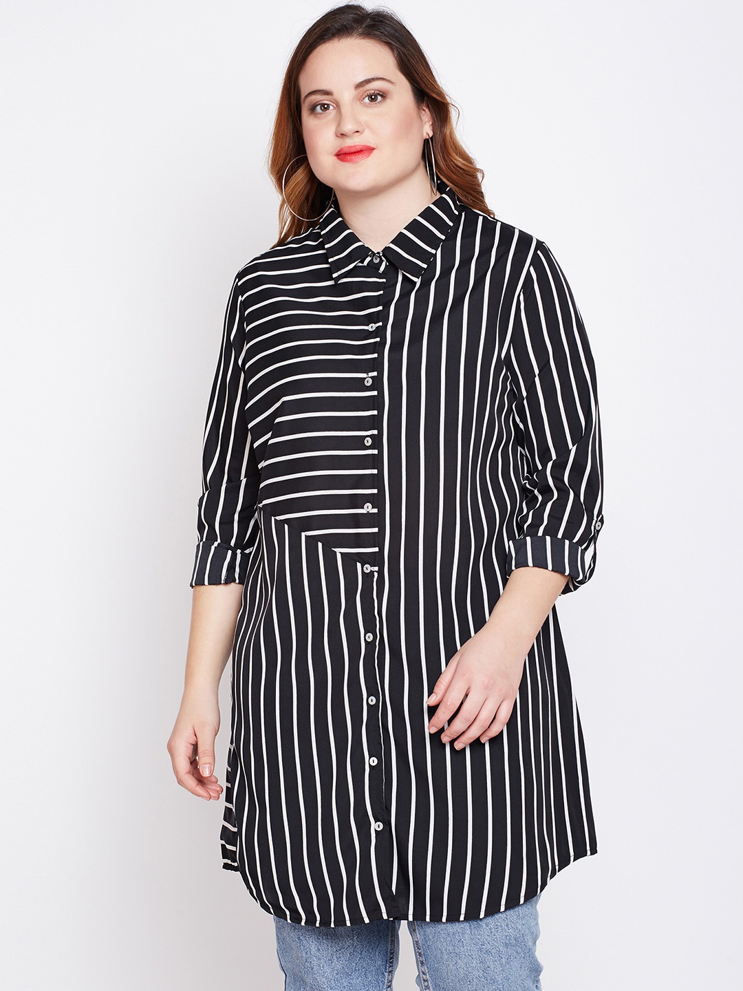 

Style Quotient Women Black & White Regular Fit Striped Casual Shirt