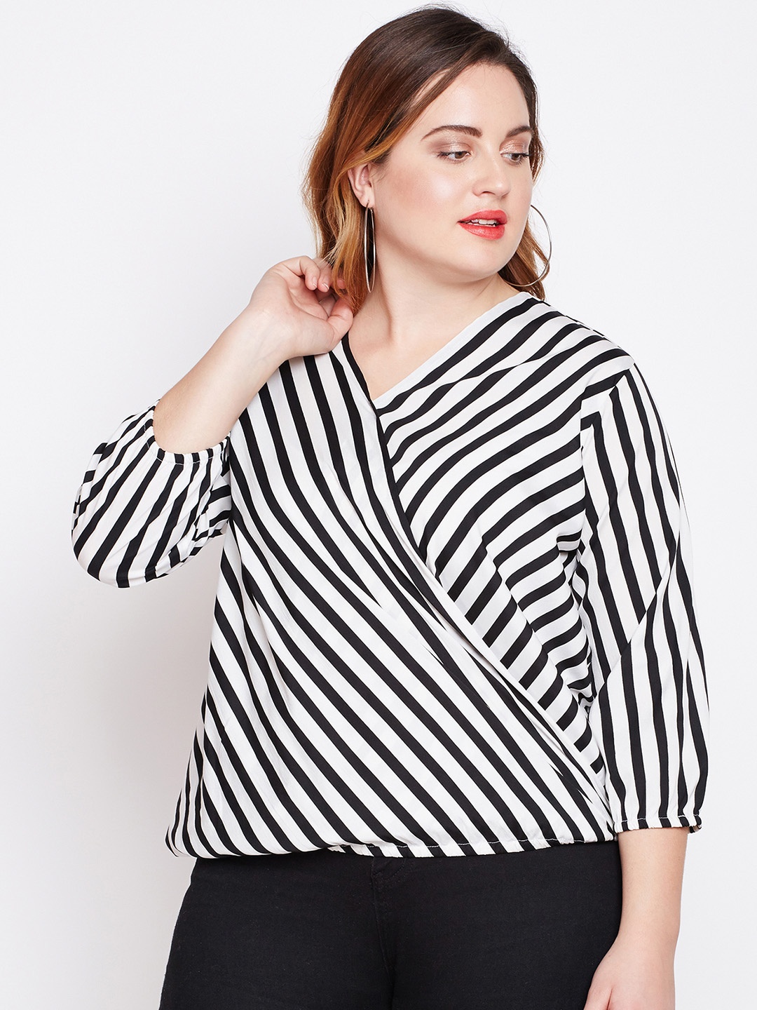 

Style Quotient Women Black Striped Wrap Top