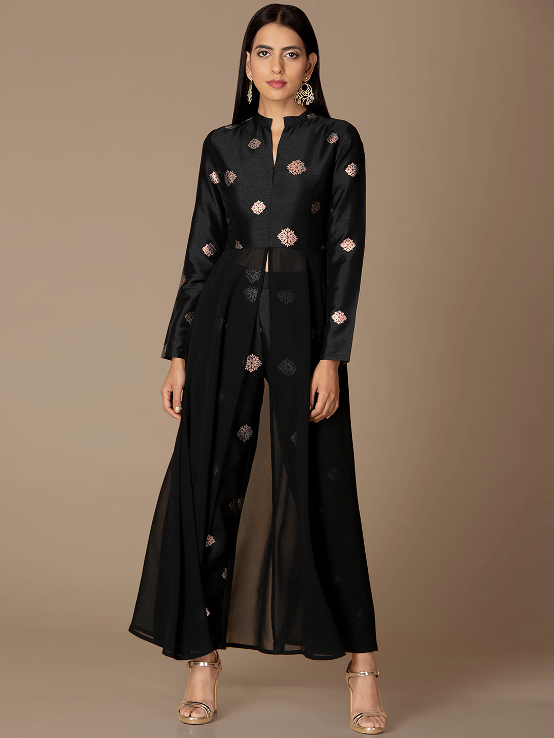 

INDYA Women Black & Gold-Coloured Printed A-Line Kurta