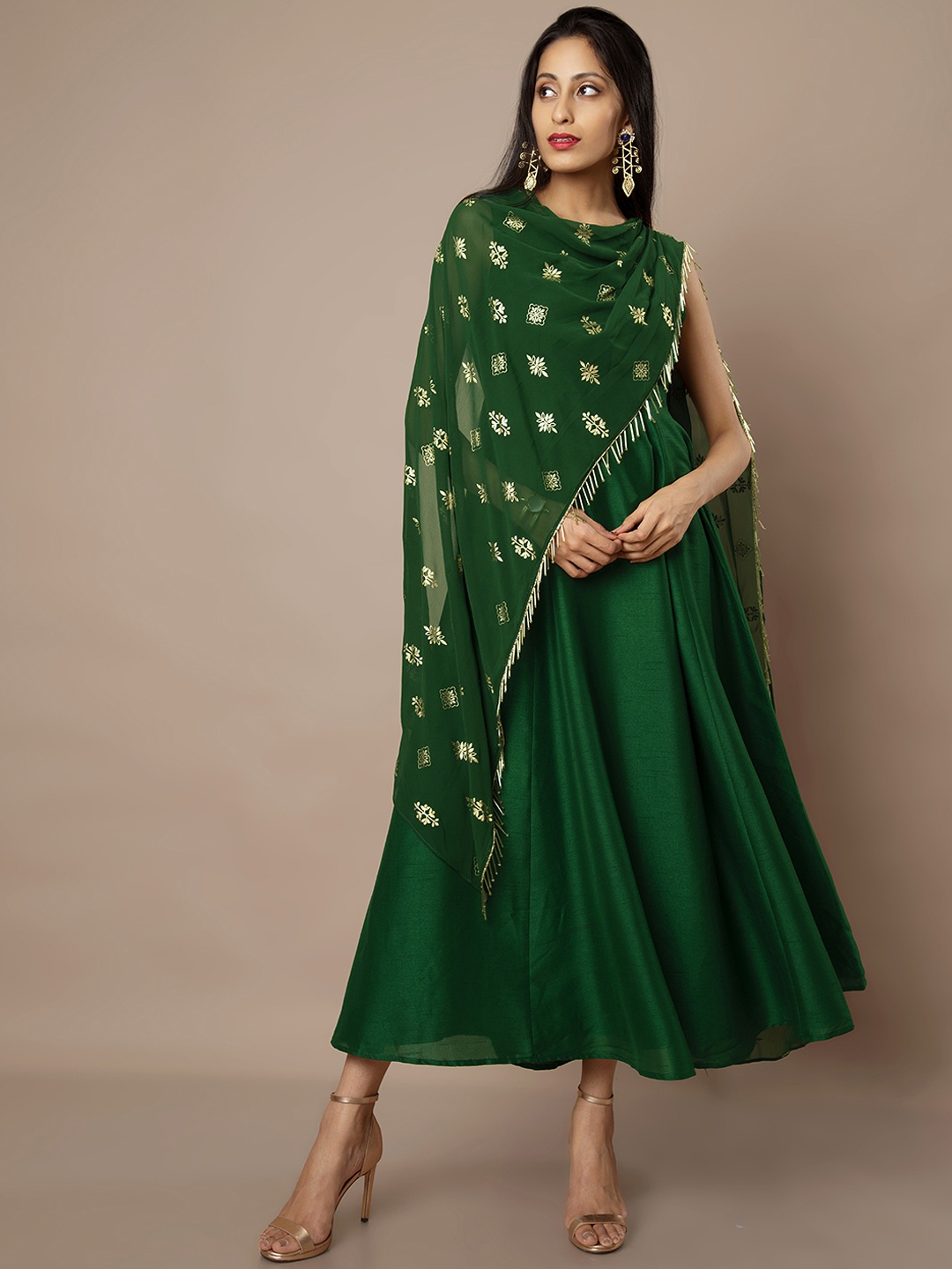 

INDYA Women Green Solid A-Line Dress