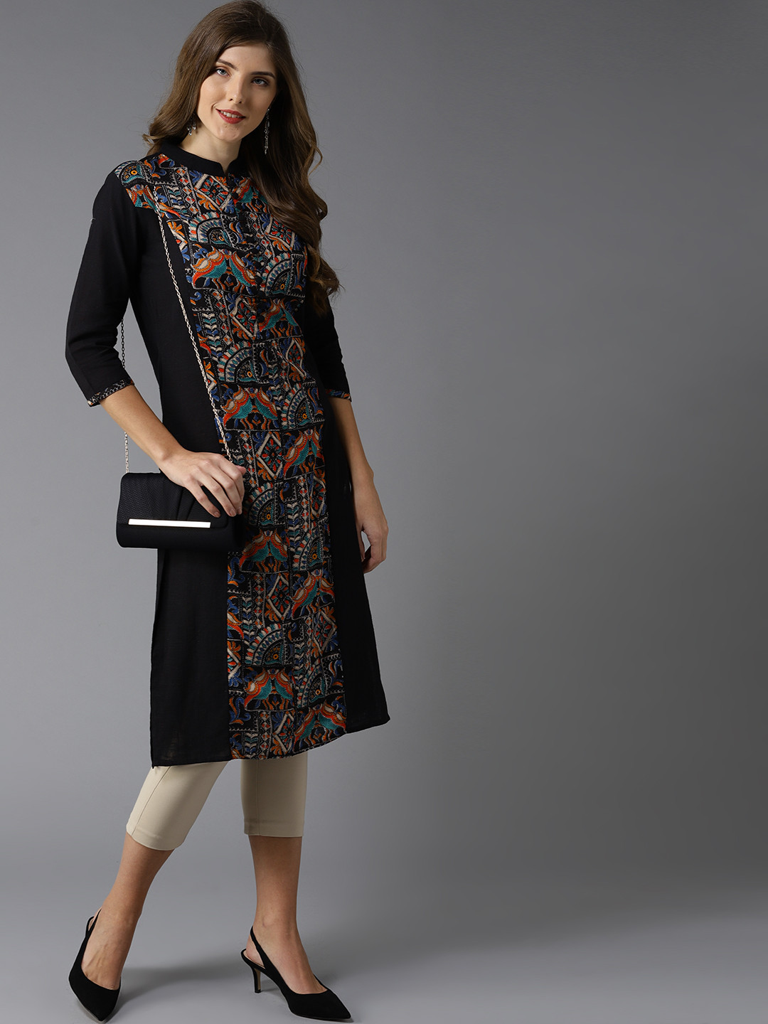 

HERE&NOW Women Black Printed Straight Kurta