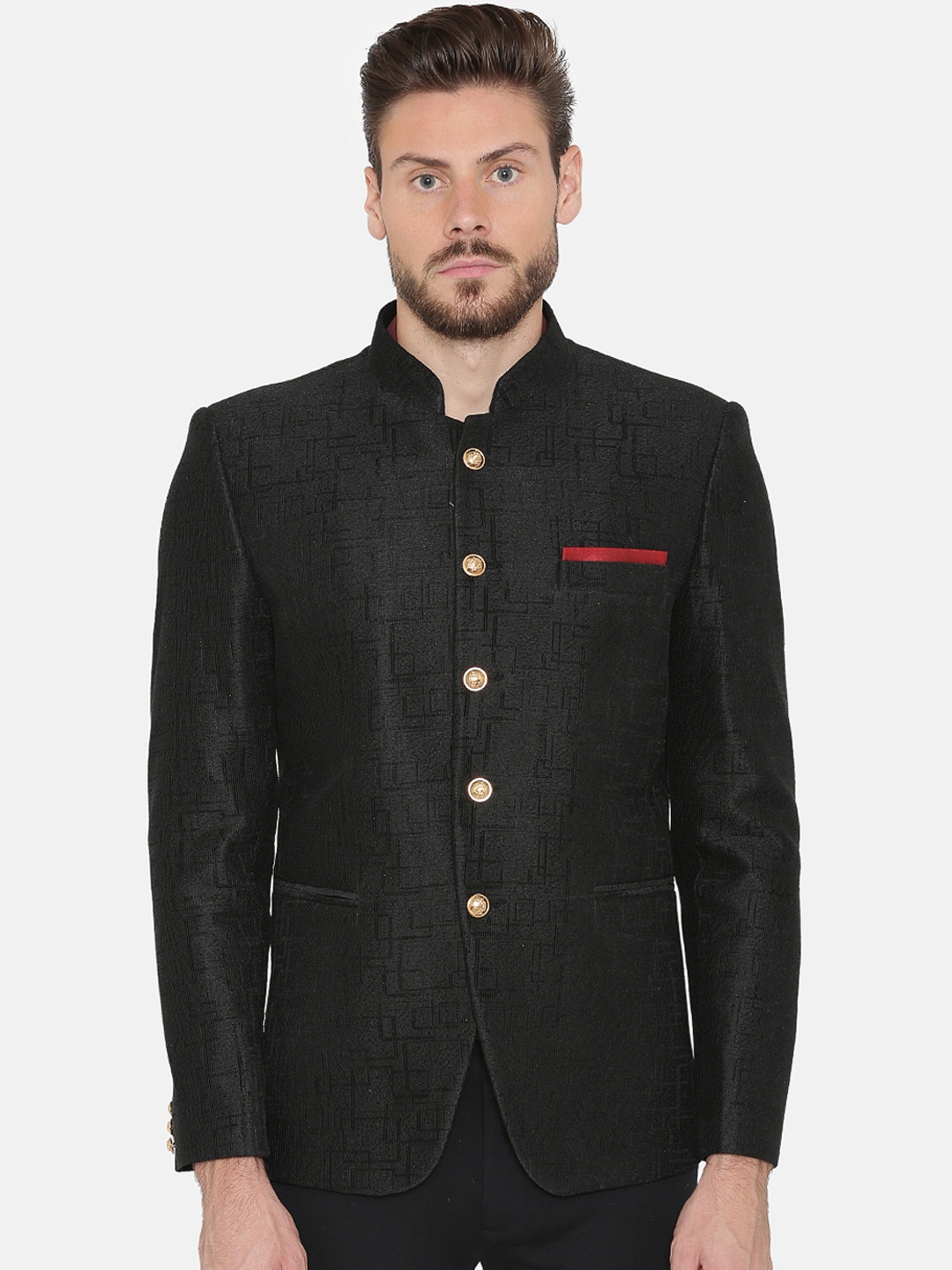 

Wintage Men Black Self-Design Tailored fit Single-Breasted Party Blazer