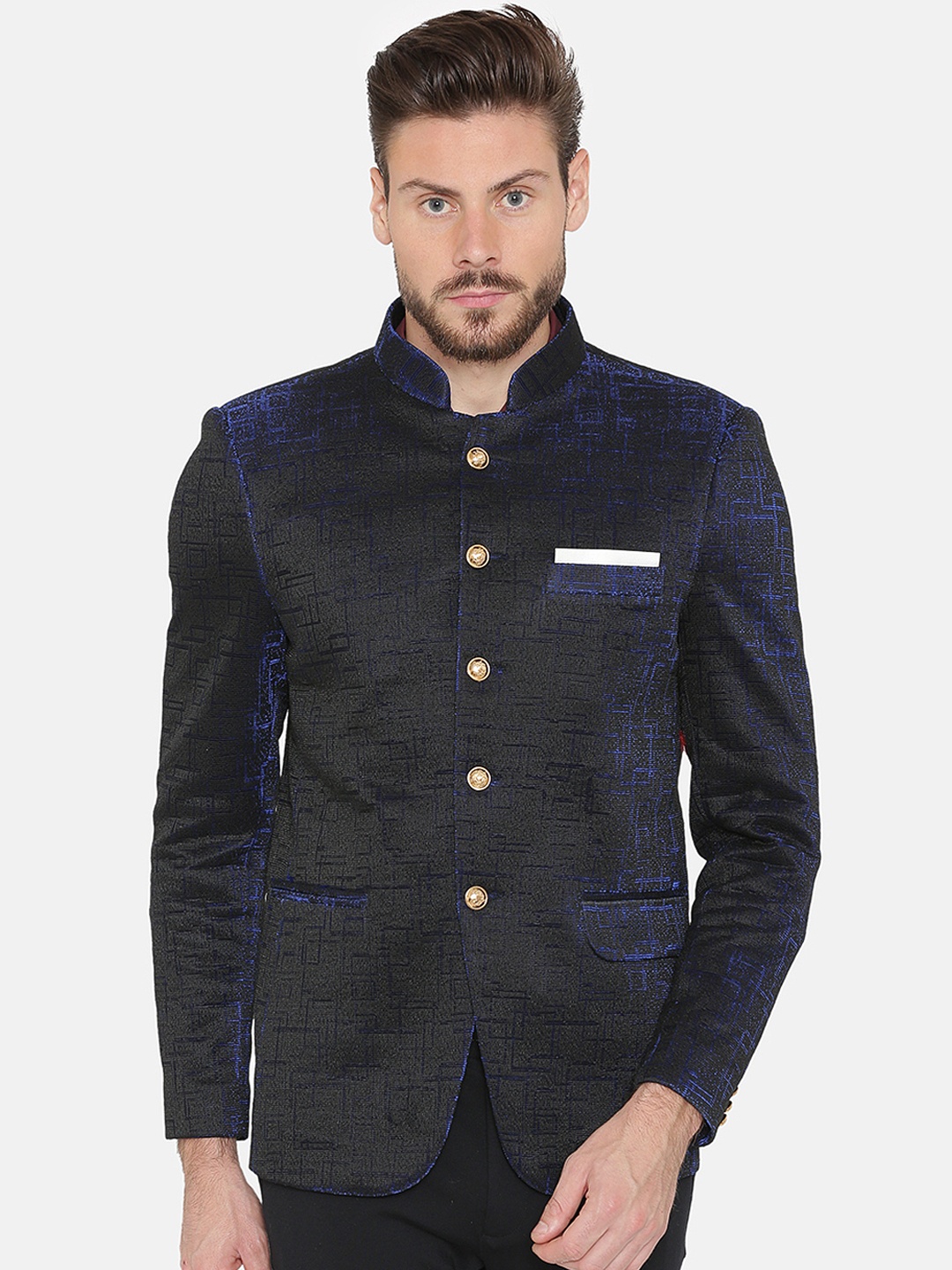 

Wintage Men Blue Self-Design Tailored fit Single-Breasted Party Blazer