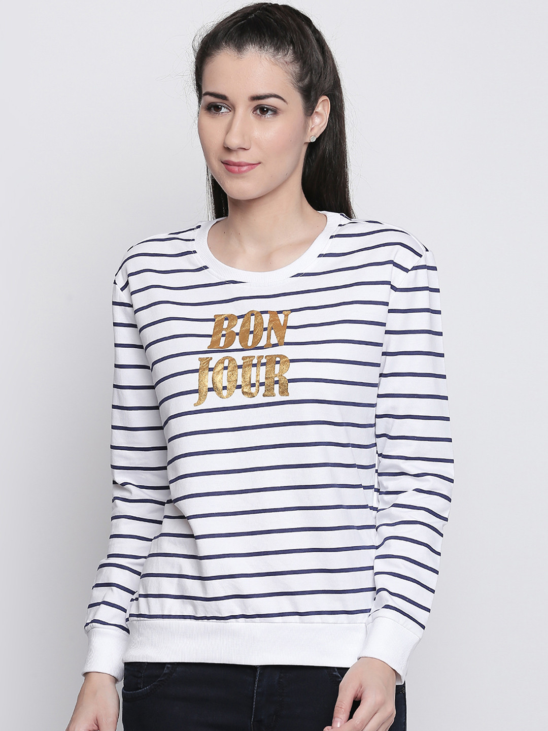 

Honey by Pantaloons Women Navy Blue & White Striped Sweatshirt