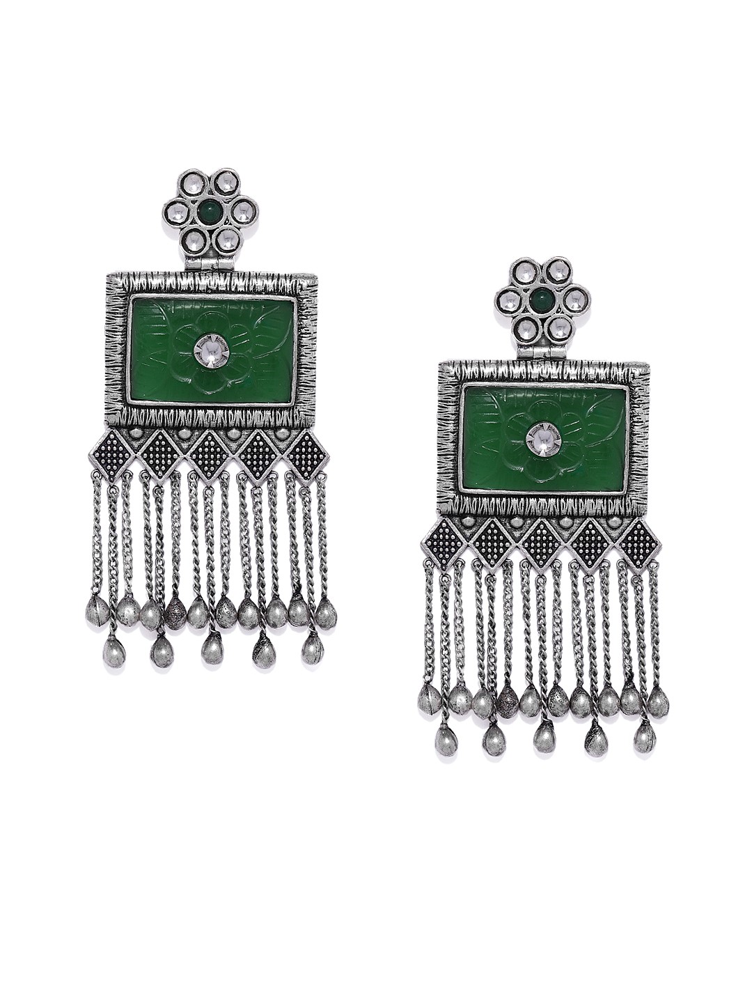 

AccessHer German Silver Chain Jadau Kundan Drop Earrings with Carved Emerald