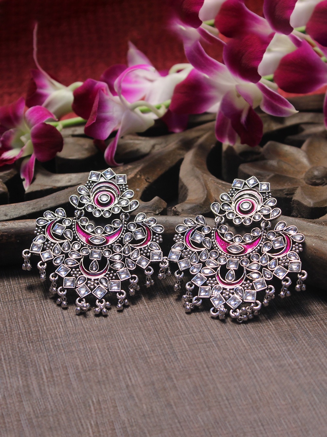 

AccessHer Silver-Plated & Pink Floral Jhumkas