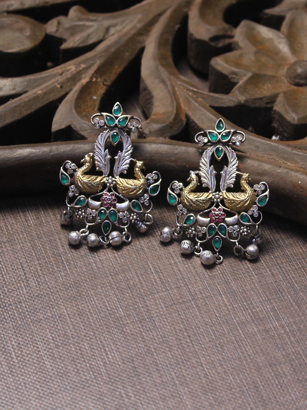 

AccessHer Silver-Plated Green Peacock Shaped Drop Earrings