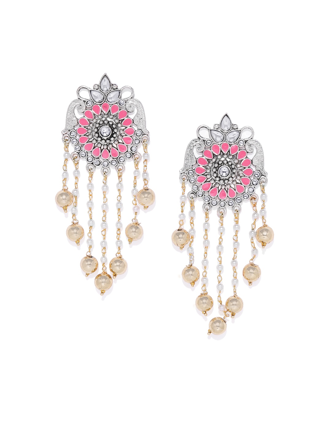 

AccessHer Silver-Plated & Pink Floral Handcrafted Drop Earrings