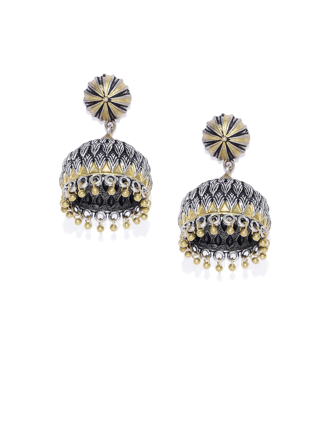 

AccessHer Silver-Plated Gold-Toned Oxidised Dome Shaped Jhumkas