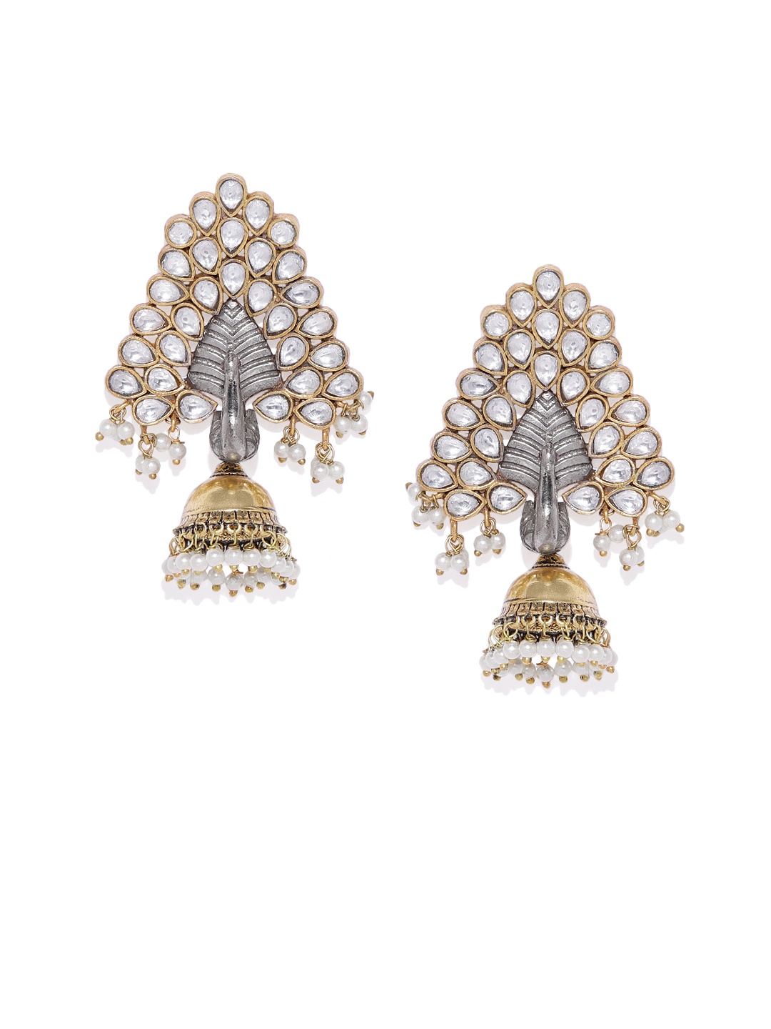 

AccessHer Dual-Tone German Silver Dancing Peacock Jadau Kundan Drop Earrings