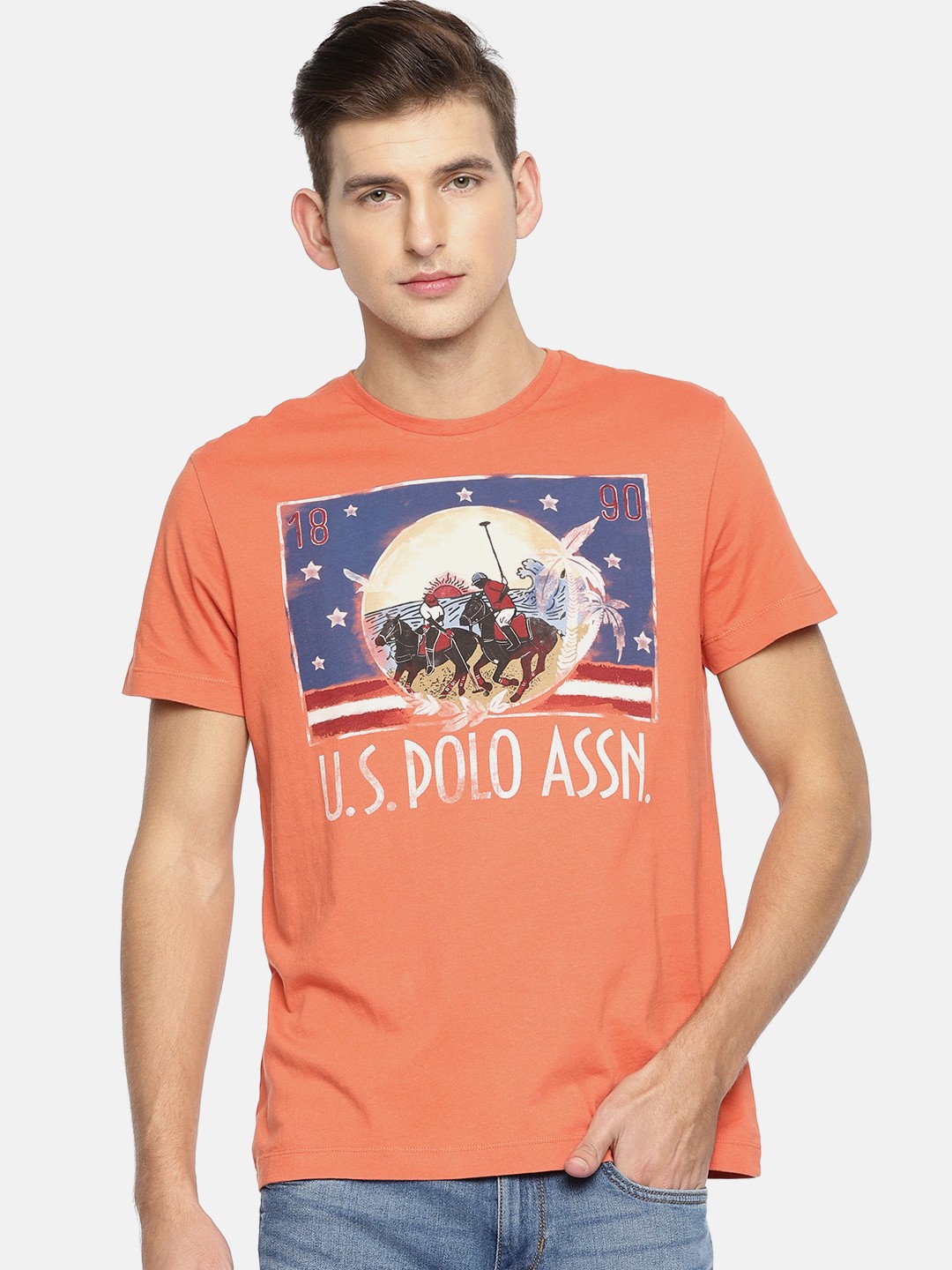 

U.S. Polo Assn. Denim Co. Men Orange Printed Round Neck Pure Cotton T-shirt