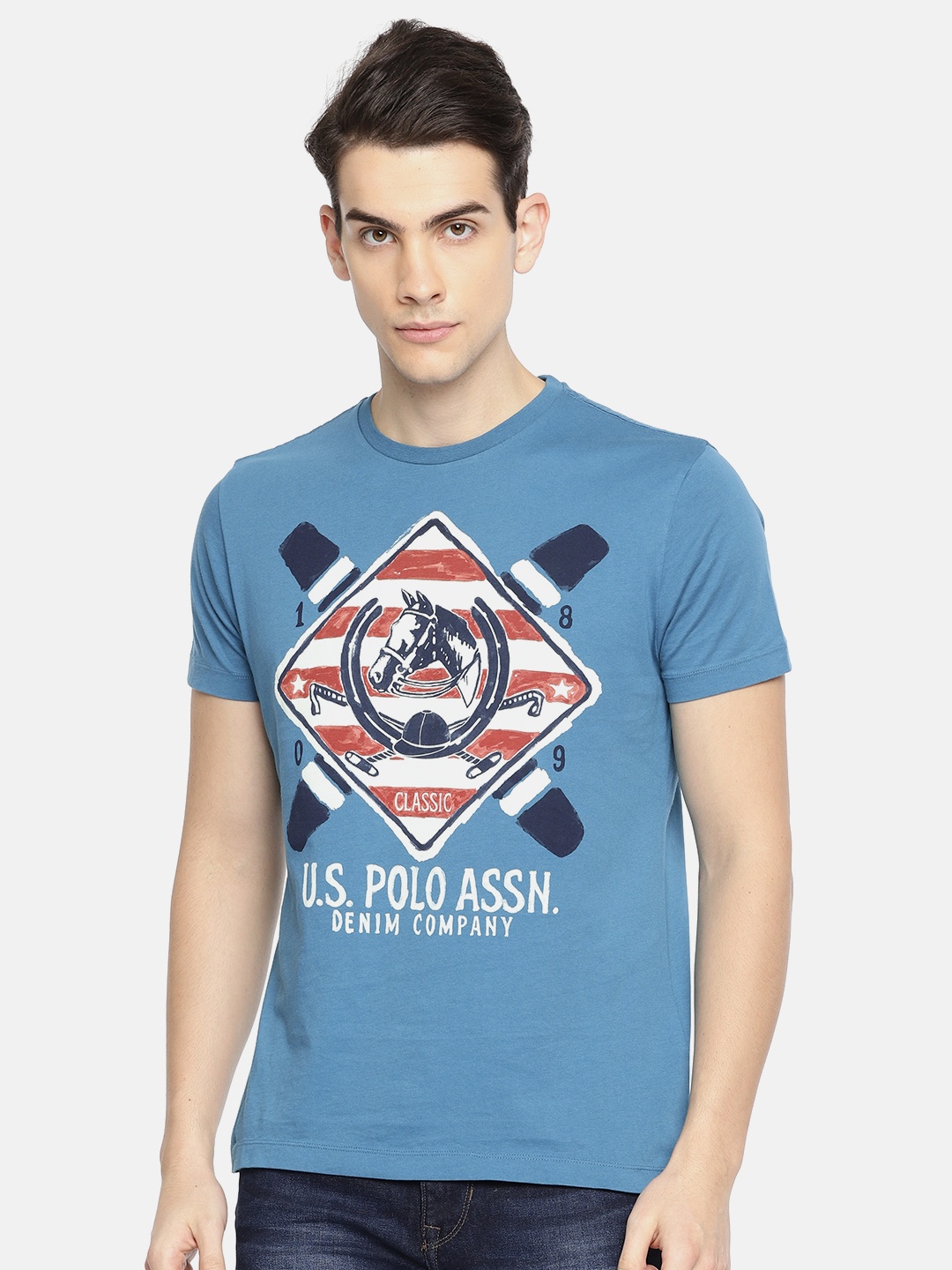 

U.S. Polo Assn. Denim Co. Men Teal Blue Solid Round Neck Pure Cotton T-shirt