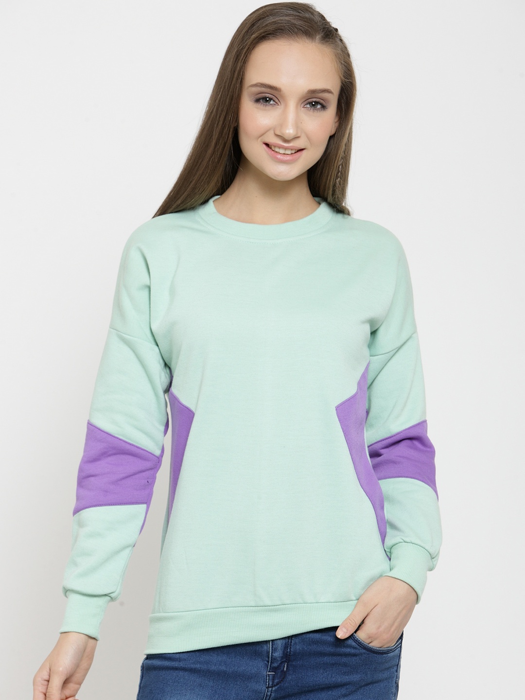 

Belle Fille Women Sea Green & Purple Colourblocked Sweatshirt