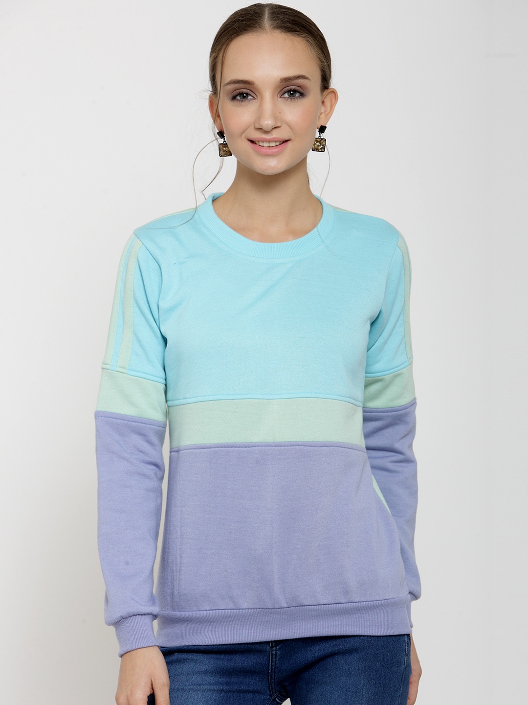 

Belle Fille Women Turquoise Blue & Sea Green Colourblocked Sweatshirt