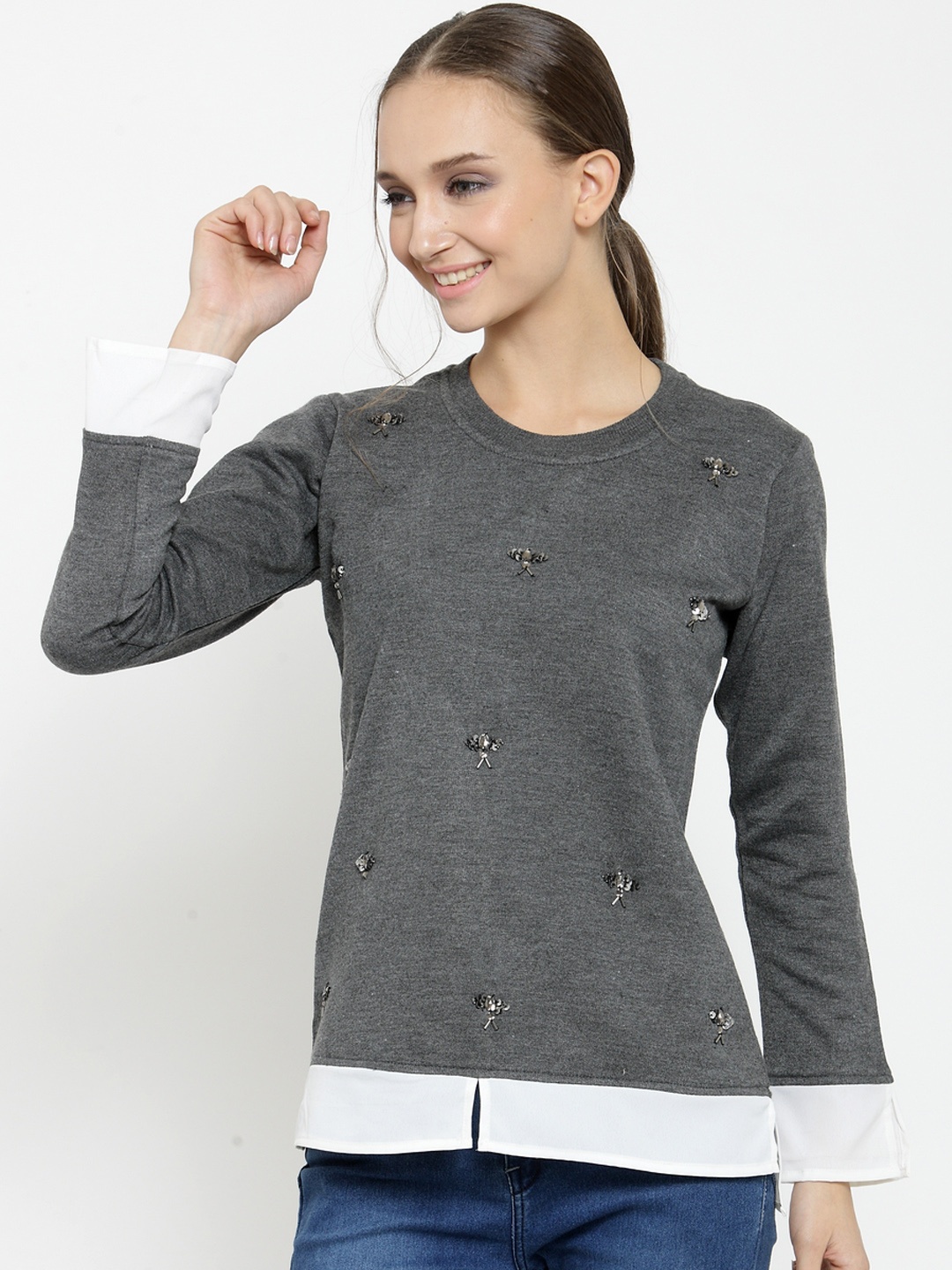 

Belle Fille Women Grey Solid Sweatshirt