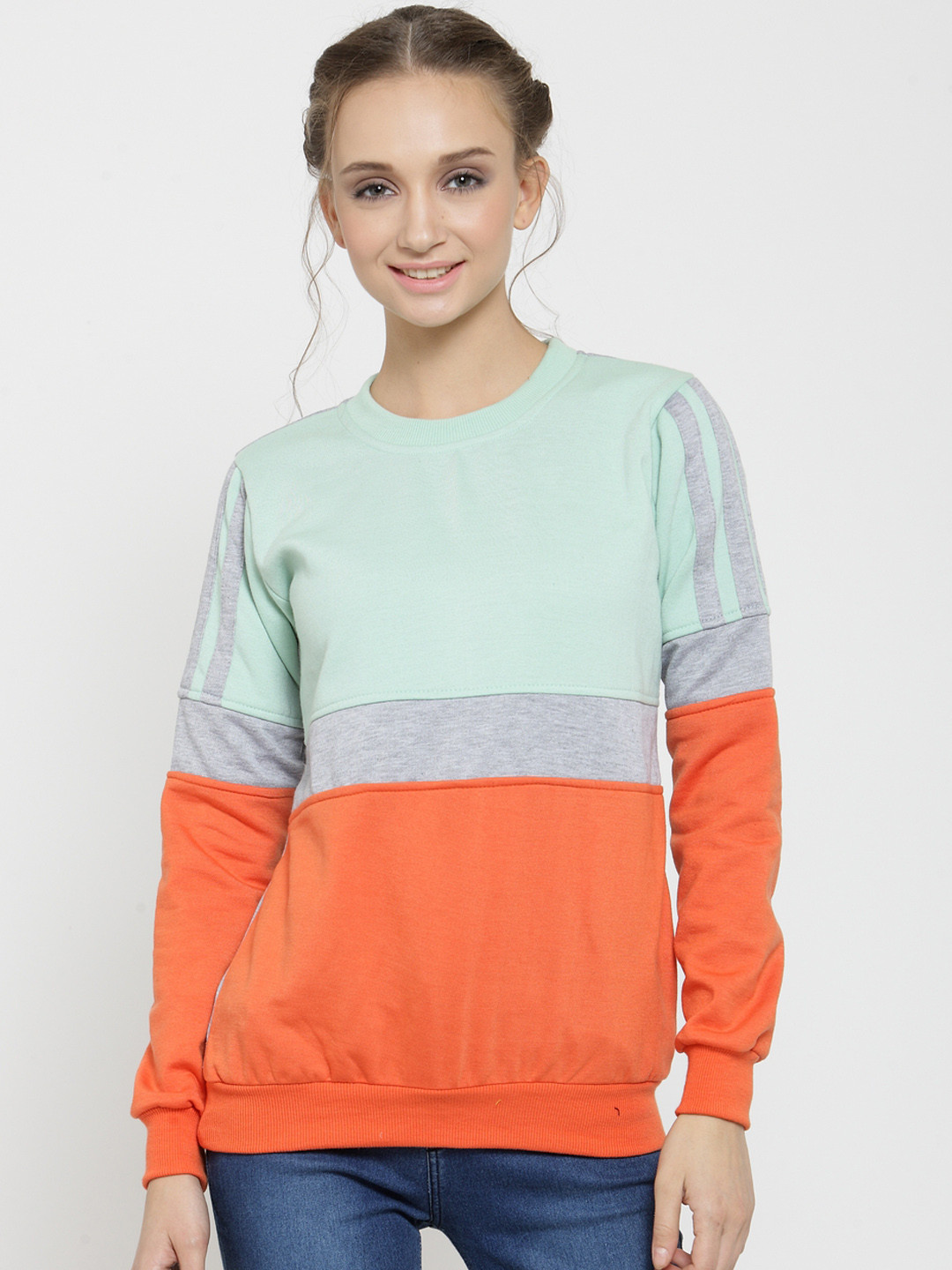 

Belle Fille Women Sea Green & Orange Colourblocked Sweatshirt