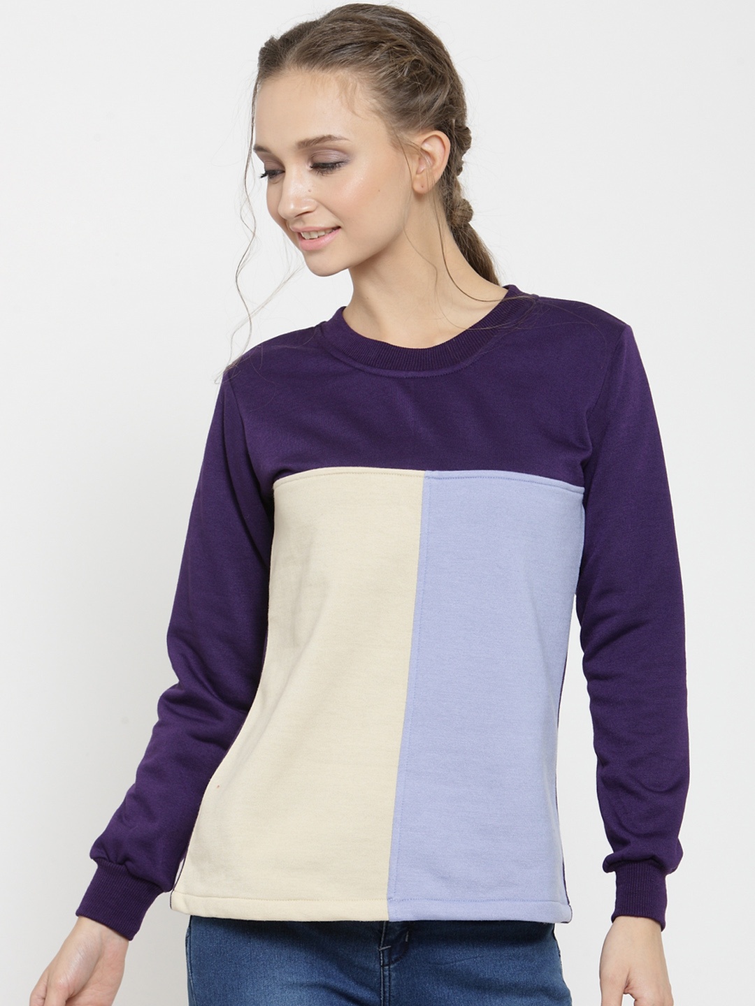 

Belle Fille Women Purple & Beige Colourblocked Sweatshirt