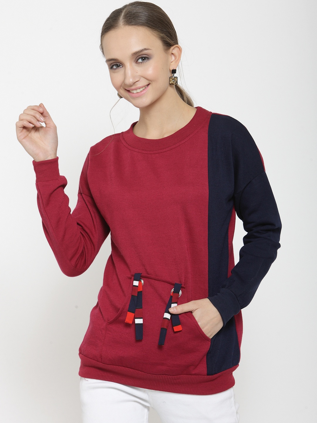 

Belle Fille Women Maroon & Navy Blue Colourblocked Sweatshirt