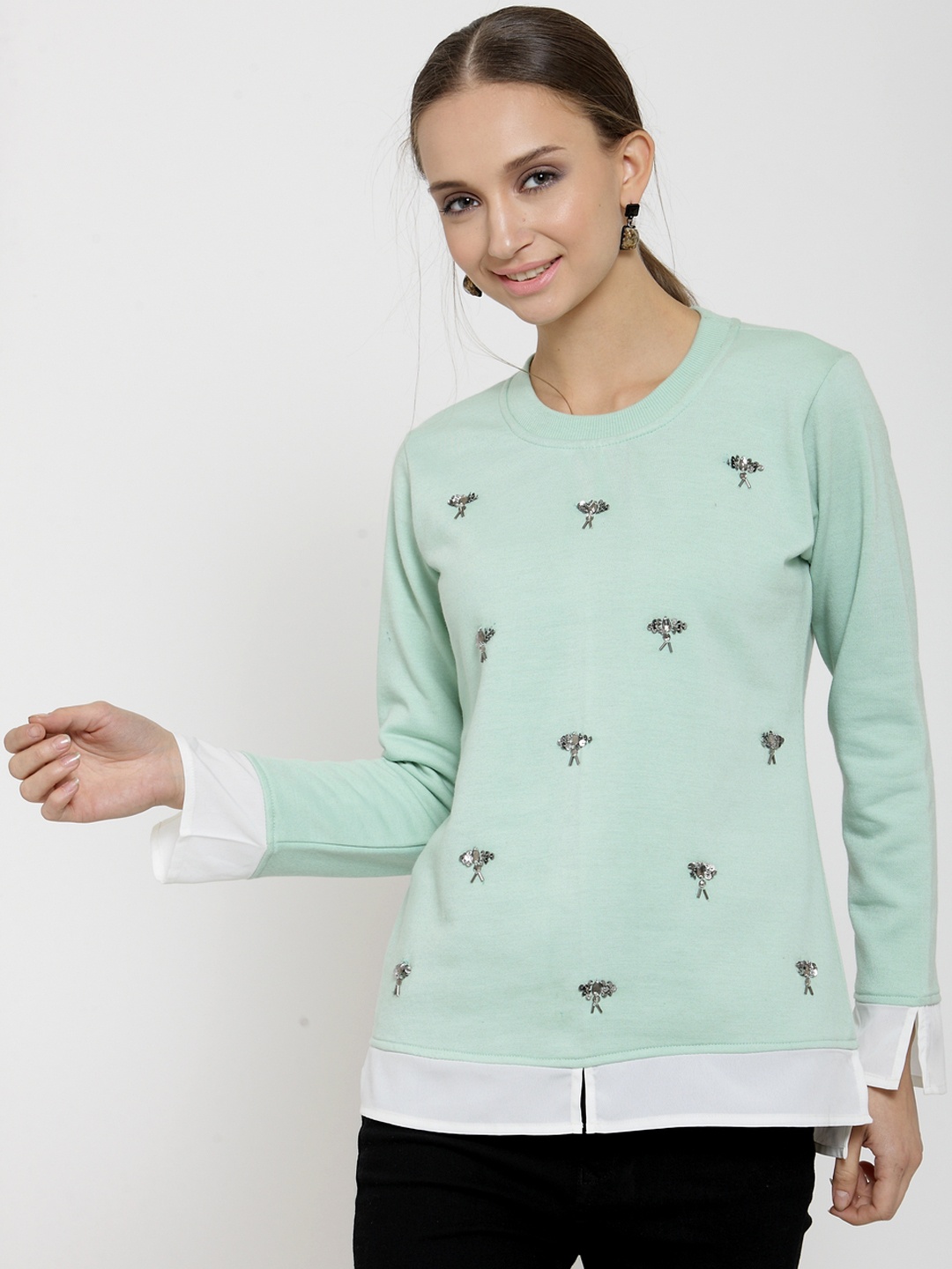 

Belle Fille Women Sea Green Solid Sweatshirt