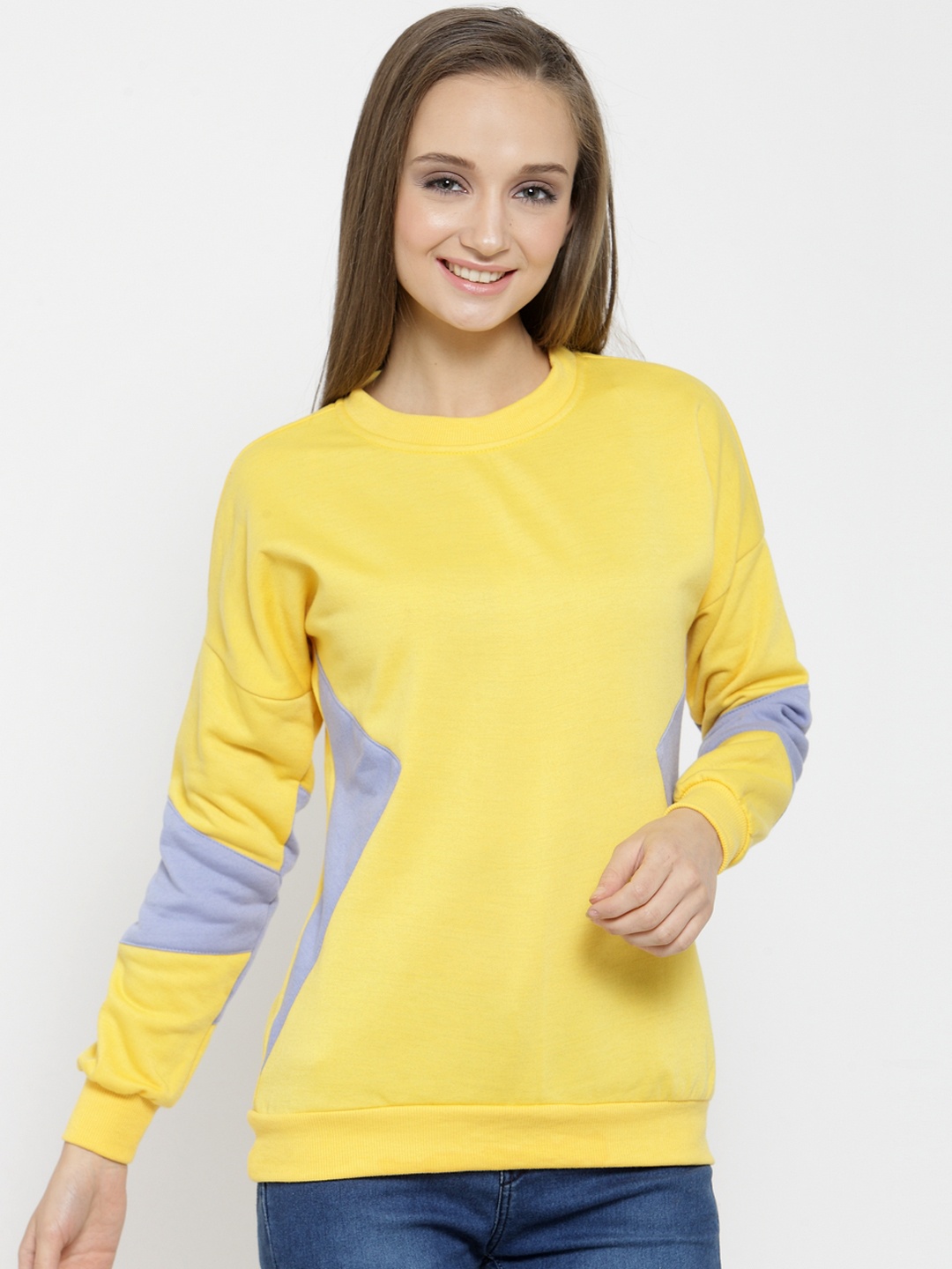 

Belle Fille Women Yellow & Blue Colourblocked Sweatshirt