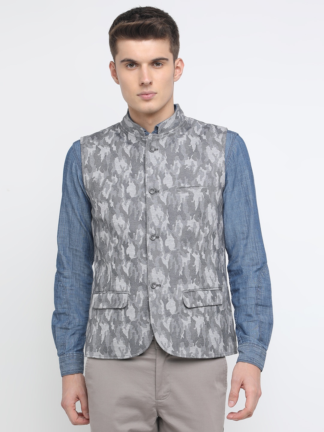 

Basics Men Grey Printed Nehru Jacket