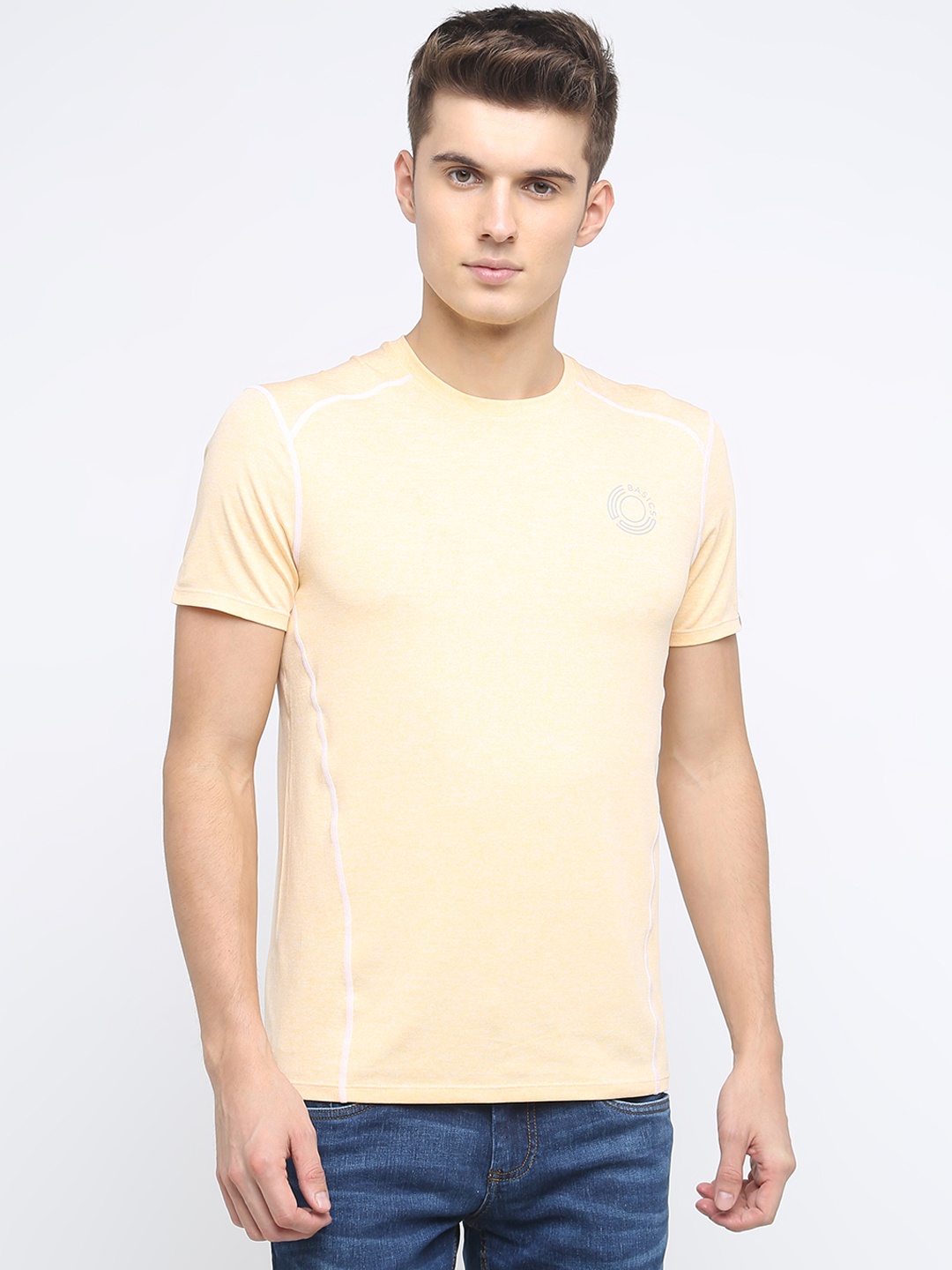 

Basics Men Peach-Coloured Solid Round Neck T-shirt