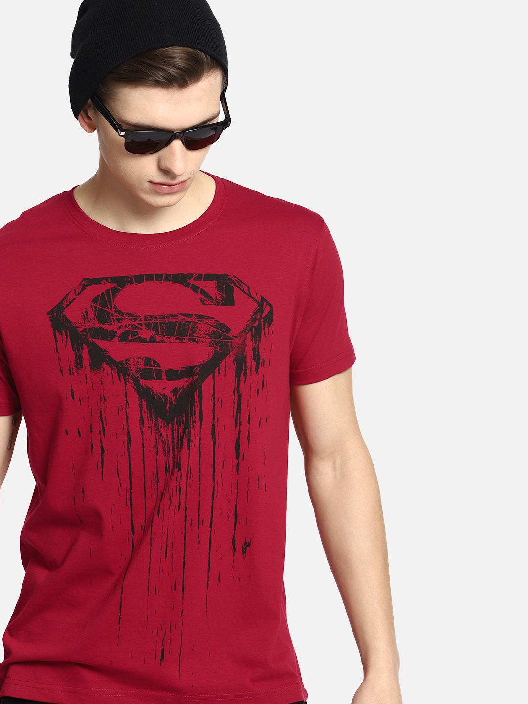 

Justice League Men Red Black Printed Round Neck Pure Cotton T-shirt