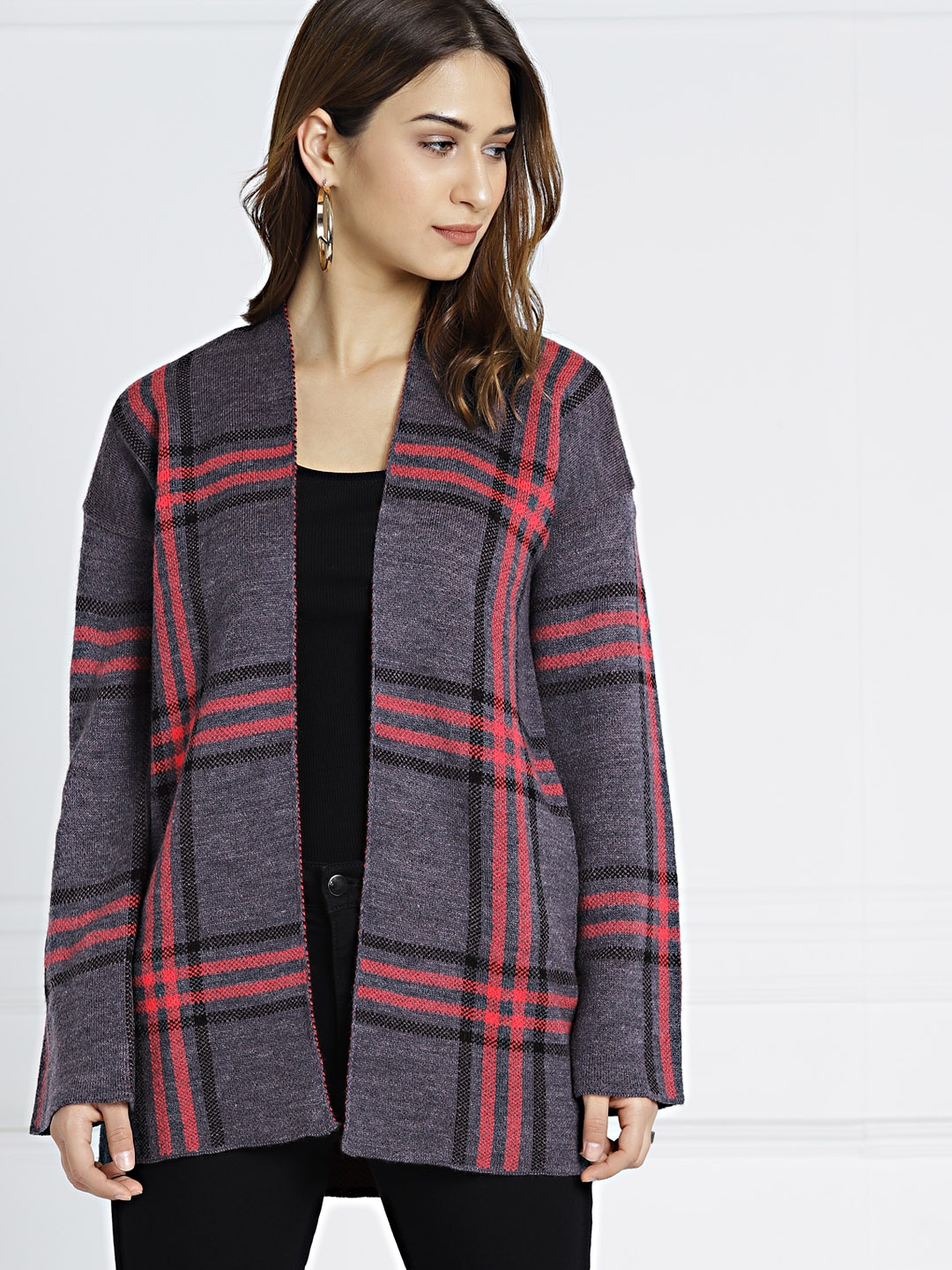 

all about you Grey Pink Checked Open Front Shrug